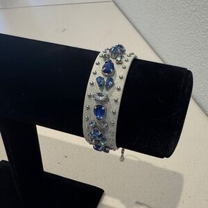 Rebecca Minkoff gray guitar strap Bracelet with Blue Crystal Accents